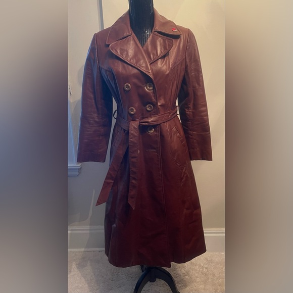 Vintage 1970s Opera Brown Leather Trench Coat Size 10 - Picture 1 of 14